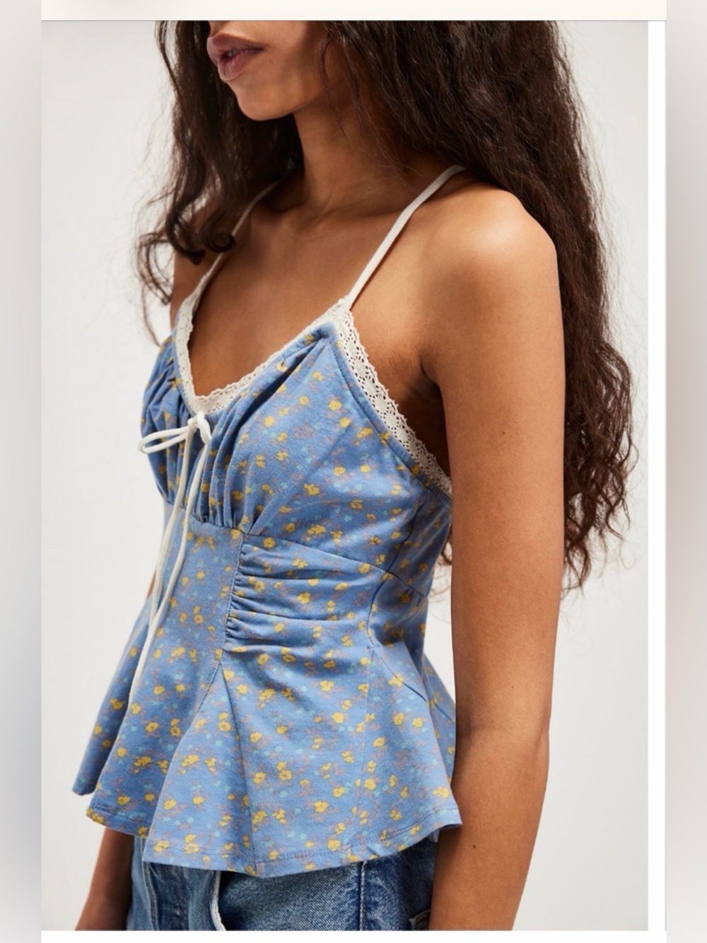 Free People Sammi Tank. Lace-Trim Blue Floral Camisole Top Size Small